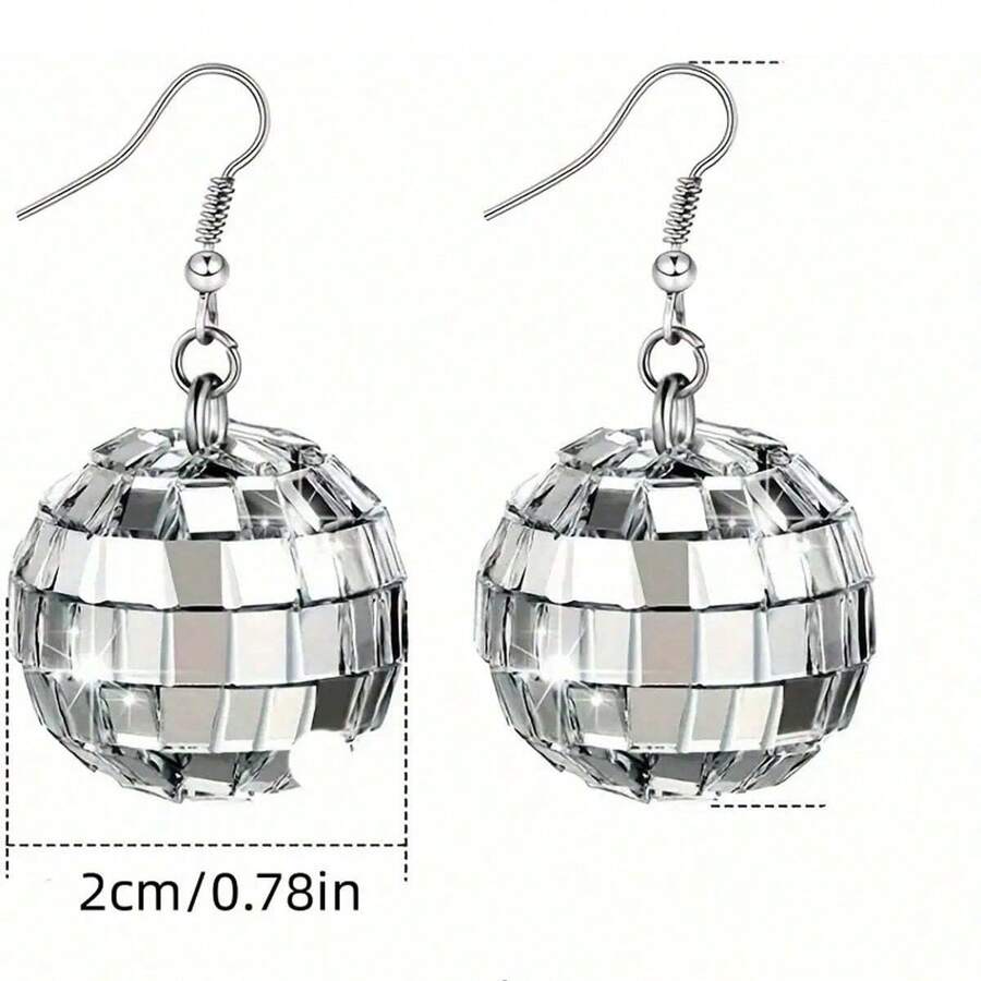 1pc Disco Ball Vintage Style Silver Drop Earrings, Mirrored Disco Ball Christmas Ball Shaped Fashion Earrings (Minimal Excess Adhesive Does Not Affect Normal Wear) - Silver - View 1