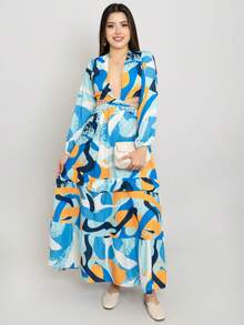 Vestido largo con cadena cruzada para mujer con estampado y olanes de moda - Azul - Ver 4