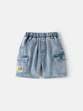 Young Boy Fashion Cargo Denim Bermuda Shorts, Korean Style Loose Summer Pants