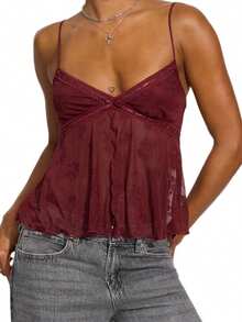 Women Sexy Lace Tie Top Spaghetti Strap Low Cut V Neck Split Front Crop Camisole Open Back Lace See Through Tank Top - Màu Đỏ Sâu - Xem 1