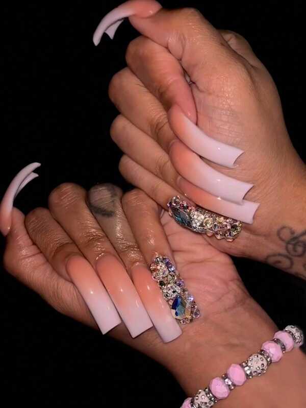 20pcs Y2k Style Nails Long Square Press On Nails Simple Curve Glossy Half Cover Fake Nails White Gradient French 3d Colorful Rhinestone False Nails For Women And Girls - Includes Nail File & Jelly Adhesive