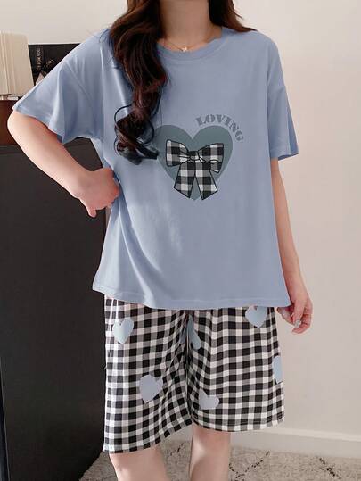 AICJ Heart & Plaid Gingham Print Comfortable Women Pajama Set , Short Sleeve Round Neck Top And Shorts Pajama Set, Knit Fabric, Spring & Summer , Casual Loose Fit Maternity Lounge Set, 2pcs, Cool Light Blue