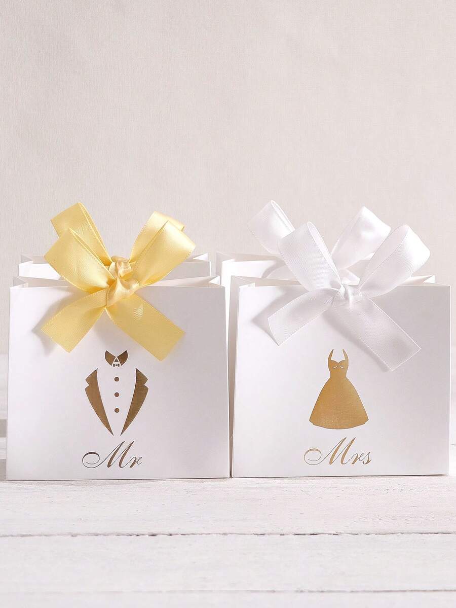 Bộ 5 hộp quà cưới mini - "Hộp kẹo ông bà" - Họa tiết cô dâu chú rể mạ vàng sang trọng - Nơ ruy băng satin - Màu trắng - Lý tưởng cho những món quà nhỏ, sô cô la, quà tặng đám cưới và quà bất ngờ khi đính hôn.