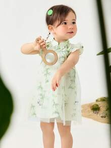 mini bala Váy lưới cho bé gái, vải cotton nguyên chất thoáng khí, sườn xám mùa hè, phong cách quốc gia - tông màu trắng xanh - Xem 2