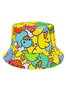Casual Cartoon Duckling Print Reversible Bucket Hat, Unisex Outdoor Sun Protection Bucket Hat
