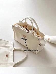 Bolso de tote grande de mamá con capacidad personalizada, nuevo bolso de lona multiusos para salidas y maternidad con diseño bordado de oso, bolso ligero y versátil para viajes al aire libre, regalo personalizable con letra - Beis - Ver 5