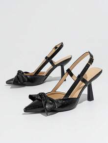 Women's Bowknot Heels Women's Black Pointed Toe High Heels, Elegant & Charming For Commuting, Gathering, Shopping, Party, Formal Occasion Women's Comfortable Black Sandals For Summer Fashionable & Versatile Women's Black PU High Heels Women's All-Match Solid Color Pointed Toe Open Back High Heels For Office & Commuting - Black - View 6