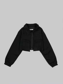 Chaqueta corta crop top ligera unicolor tipo cargo para mujer de moda - Negro - Ver 7