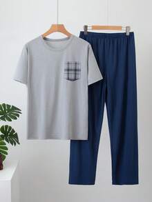 Set 2 buc/set pijamale subțiri de vară pentru bărbați, mânecă scurtă și pantaloni lungi, set 2 buc/set pentru bărbați, primăvară/vară, în carouri, casual, lejer - Albastru marin - Vizualizare 2