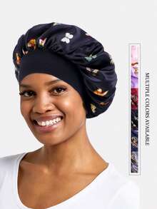 Butterfly Print Hair Bonnet Silk Bonnet Satin Bonnet - Black - View 2