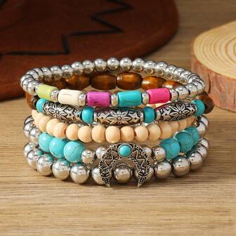 5pcs/Set Bohemian Style Wood Bead, Turquoise Leaf, Daisy, Bull Head Decor Bracelets For Women