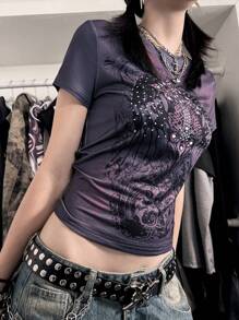 Camiseta de manga corta con estampado gráfico retro, camiseta de verano de estilo vintage streetwear Y2K para mujer