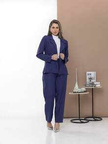 Women's Blazer And Tailored Pants Set - Navy Blue - View 3