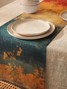 1pc Vintage Style, Distressed Texture, Red Yellow Blue Gradient, Abstract Geometric Striped Pattern Rectangular Single-Sided Printed Table Runner, Suitable For Daily Restaurant Kitchen Dining Table Decor, Cabinet Cover, Indoor/Outdoor Party, Gift For Family