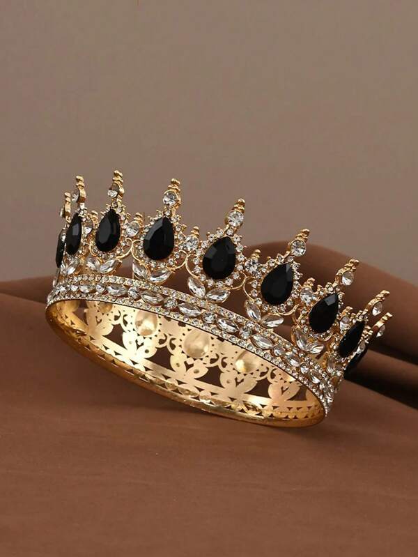 Coroa redonda de metal barroco com strass, coroa de rainha com strass brilhante, para festas de aniversário, casamentos, aposentadoria, formatura e outras decorações de festa - Acessórios para cabelo fotográficos