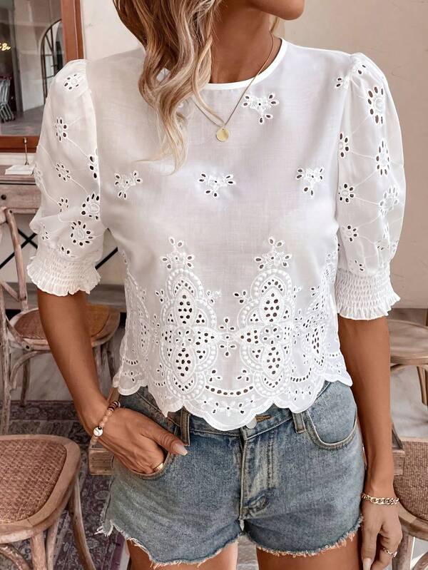 Dames lente en zomer effen bloemenborduursel elastisch lotus mouw shirt top