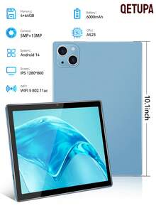 Qetupa 10,1 Zoll M19 Android 14 Tablet-PC, 4GB RAM + 64GB ROM, A523 Octa-Core 2,0GHz Prozessor, 802.11ac Dual-Band WLAN 5, Bluetooth 5.0, HD (1280x800) IPS Touchscreen, 5MP Frontkamera & 13MP Rückkamera, 6000mAh Akku, unterstützt 512GB Erweiterung - Übersicht 1