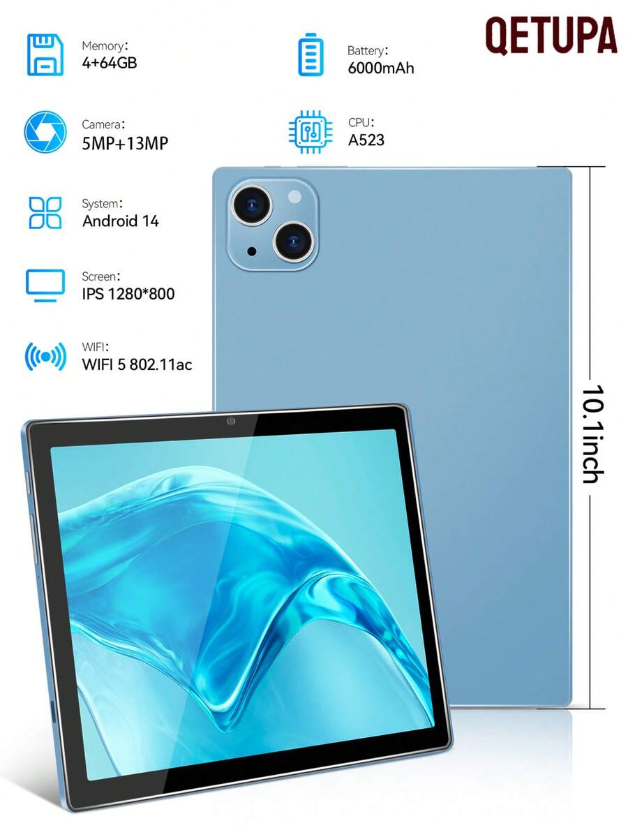 Qetupa 10,1 Zoll M19 Android 14 Tablet-PC, 4GB RAM + 64GB ROM, A523 Octa-Core 2,0GHz Prozessor, 802.11ac Dual-Band WLAN 5, Bluetooth 5.0, HD (1280x800) IPS Touchscreen, 5MP Frontkamera & 13MP Rückkamera, 6000mAh Akku, unterstützt 512GB Erweiterung - Übersicht 1