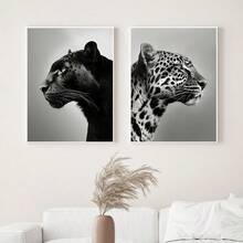 1/2pcs And Leopard Portrait Wall Art Picture Black And White Prints Canvas Paintings Animal Posters Minimalist, Contemporary Modernt Decor For Bedroom, Living Room, Or Office,Dorm Room Decor Gift For Him Unframed - Multicolor - View 2