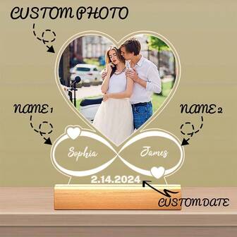 Customized Heart-Shaped Couple Photo And Text Special, Fine Crafted Minimalist Acrylic LED Wooden Base Lamp Gift, Couple Photo Frame, Mother's Day, Birthday, Children's Day, Graduation Ceremony, Wedding, Housewarming, Living Room, Bedroom, Office, Tea Room, Home, Bathroom, Dining Room, Father's Day Personalized Photo Collage Gift