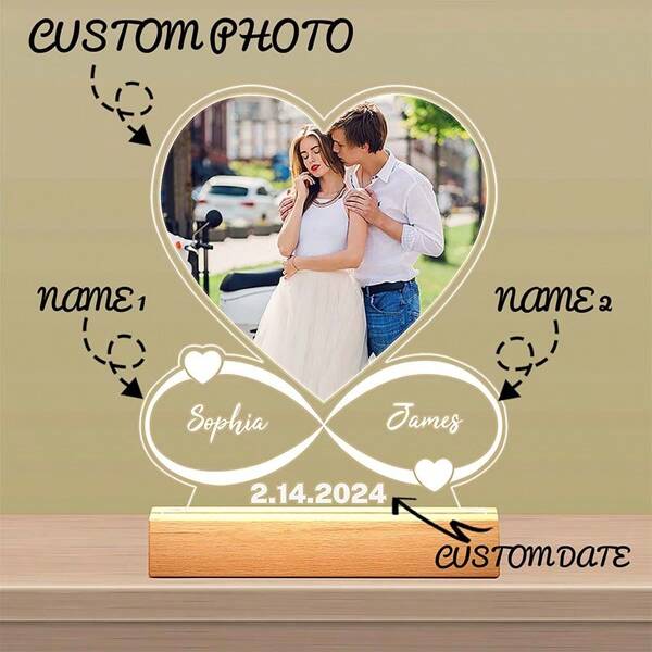 Customized Heart-Shaped Couple Photo And Text Special, Fine Crafted Minimalist Acrylic LED Wooden Base Lamp Gift, Couple Photo Frame, Mother's Day, Birthday, Children's Day, Graduation Ceremony, Wedding, Housewarming, Living Room, Bedroom, Office, Tea Room, Home, Bathroom, Dining Room, Father's Day Personalized Photo Collage Gift