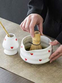 1pc/2pcs/4pcs/5pcs Hand-Painted Heart Matcha Tea Set, Cute Matcha Bowl, Tea Whisk, Tea Spoon, Complete Matcha Tea Utensils Set, Suitable For Matcha Beginners, Gift For Matcha Lovers, Birthday Present Back To School