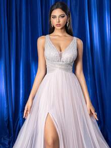 Kexmon Deep V-Neck Pearl Embroidered Mesh Spaghetti Strap Elegant Dress, Romantic Bridesmaid Gown For Wedding, Party, Prom, Formal Evening, For Wedding Guest - Dusty Pink - View 3