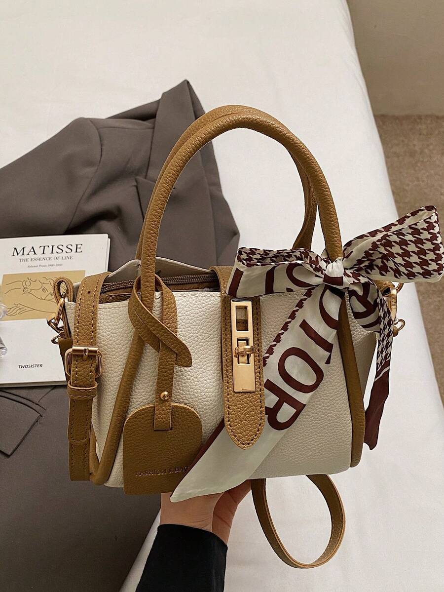1pc Lychee Grain Solid Color Fashionable Buckle Zipper PU Tote Shoulder Bag, With Decorative Scarf, Suitable For Daily Use - Khaki - View 1
