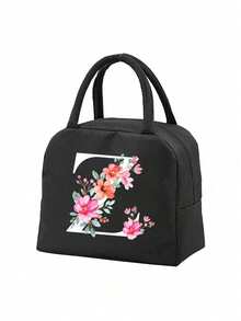1pc Letter Print Insulated Lunch Bag, Thermal Lunch Tote, Handbag, Lunch Box, Ice Pack, Picnic Food Tote Bag, Canvas Lightweight Portable Lunch Storage Bag, Ideal For School, Office, Picnic, Birthday Gift, Souvenir. This Is A Novel Design With Large Capacity Portable Casual Lunch Insulation Bag, An Ideal Tote Bag For School Supplies. - Black - View 18