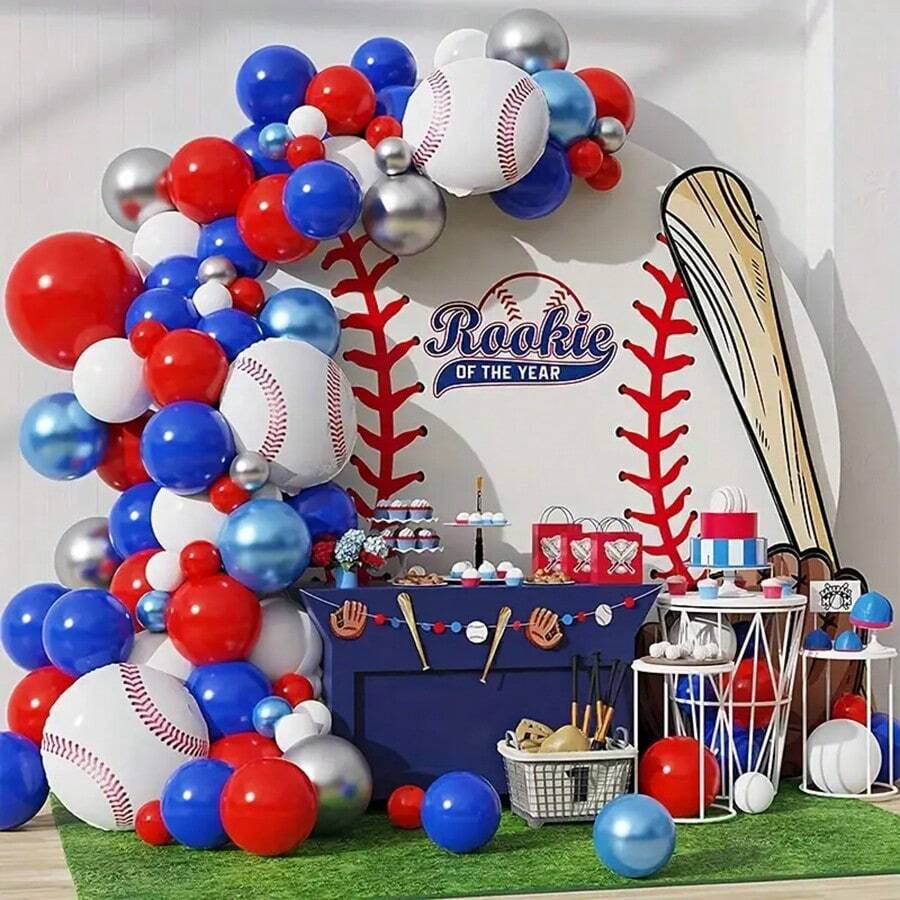 156 Peças Conjunto de Balões de Látex com Tema de Beisebol Vermelho, Preto, Branco e Azul, Kit de Guirlanda e Arco para Decoração de Bottom de Festa de Aniversário ou Evento Interno