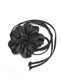 1 件纯色波西米亚风休闲优雅 PU 皮革时尚女士黑色花卉装饰腰带，适合所有季节秋季、万圣节 - 黑色 - 查看 4