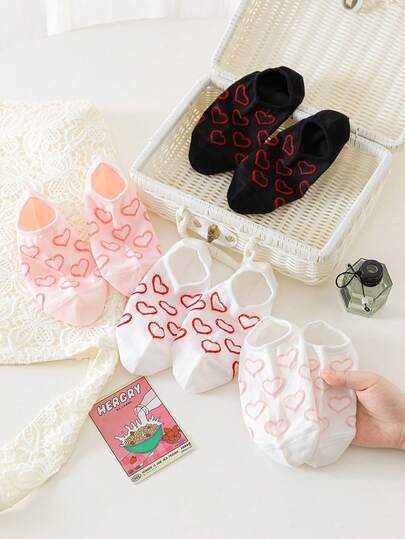 4 pares de calcetines de barco casuales para mujer con diseño de corazón estampado, minimalistas y prácticos
