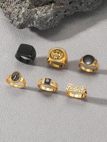 6pcs Set Stylish Street Punk Skull & Letter Design Rings, Men Casual Everyday Wear - Black - View 1