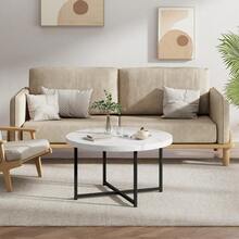 Marble Look Coffee Table For Living Room - Round Living Room Table White & Grey Marble Design - Modern Style With Black Metal Legs - Centre Table For Living Room With 80cm Diameter - Mosley - White - View 2