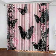 2 pièces Rideaux décoratifs élégants à motif floral rose et papillon noir en dentelle, impression numérique haute définition, matériau en polyester translucide, résistant à la décoloration. Convient pour les rideaux de maison, les rideaux de maison. Lavable à la main et à la machine, suspension par poche à tringle, convient pour la décoration de la chambre et du salon, rideaux de décoration intérieure. - Multicolore - Voir 2