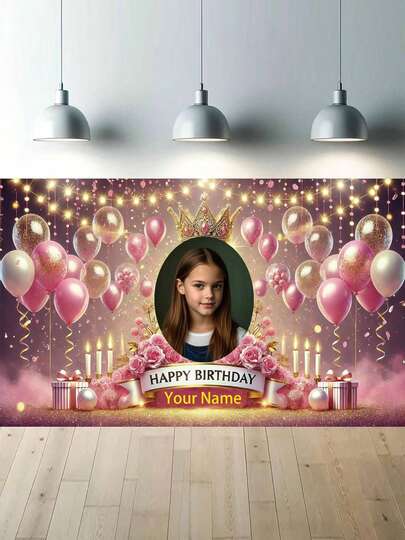 1 st anpassad bakgrund med "Grattis på födelsedagen", kan anpassas med namn, rosa och guldfärgade rosor till födelsedagsfesten, bakgrund för fotobås för flickor, födelsedagsfest, jubileumsdekoration, sommarsemester