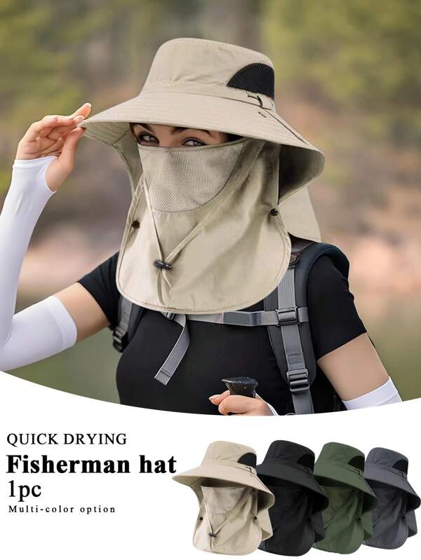 1pc Face Mask & Neck Cover Convertible Bucket Hat, Large Brim Sun Protection Cap, Sports Visor For Summer Beach