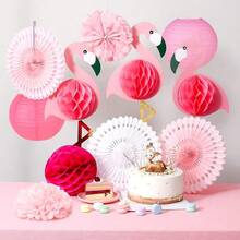 11Pcs Pink Flamingo Plush Pom Poms, Paper Flowers, Paper Fans, Lanterns Decorative Set, Ideal For Hawaiian Summer Beach Party, Tropical Party, Birthday Party, Bachelorette Party, Barbecue - Pink Suit - View 2