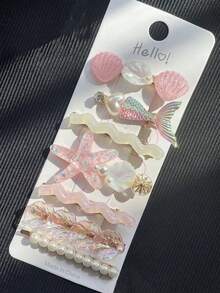 7pcs Women Elegant Minimalist Fresh Ocean Mermaid Tail, Starfish, Shell, Faux Pearl And Rhinestone Hair Clips, Suitable For Daily Use, School, Beach, Work, Party, Holiday, Birthday, Back To School Gifts,Hair Accessories,Hair Barrettes Claw Clips, School Stuff, Pearl Hair Accessories - Pink - View 8