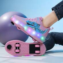 Patines de ruedas con luces LED de 4 ruedas, calzado deportivo de caña alta para exterior con ruedas retráctiles y frenos, diseño de moda para adolescentes, estudiantes y parejas - Rosa - Ver 2