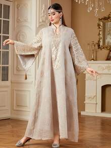 SISKAKIA 时尚端庄女装植物亮片阿拉伯连衣裙女士流苏派对节日优雅长裙 - 駝色 - 查看 3