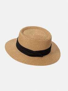 1pc Men's British Style Flat Top Beach Hat, Large Brim Sun Shade Straw Woven Hat, Windproof UV Protection Beach Hat, Foldable Panama Hat - Multicolor - View 2