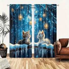 2pcs Polyester High-Definition Digital Print Starry Cat Pattern Blackout Curtains, Suitable For Bedroom, Living Room, Office And Home Decor, Rod Pocket Design - Multicolor - View 3