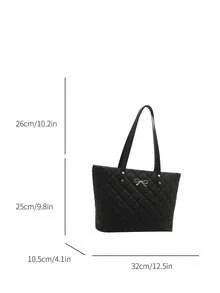 Large Capacity Rhombus Pattern Solid Color Bow Handbag, Casual Simple Fashion Tote Bag, 2025 New Arrival, Fashionable Bow Purse For Women - Black - View 3
