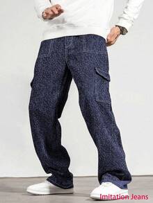 1pc Teen Boys Vintage Casual Avant-Garde Minimalistic Denim Effect Multi-Pocket Cargo Pants, Suitable For Spring/Summer/Autumn/Winter - Blue - View 1