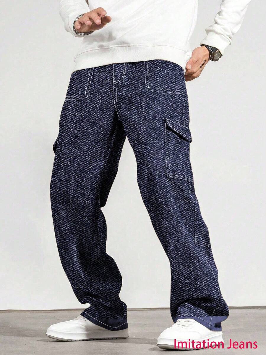 1pc Teen Boys Vintage Casual Avant-Garde Minimalistic Denim Effect Multi-Pocket Cargo Pants, Suitable For Spring/Summer/Autumn/Winter - Blue - View 1