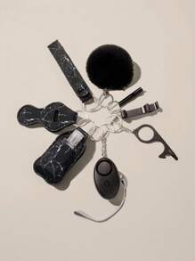Juego de 9 piezas de llavero de autodefensa para mujeres, incluye alarma, rompedor de ventanas, abridor de botellas, silbato, dispensador de jabón, estuche para lápiz labial, pulsera, pastillero, llavero para exteriores, regalo festivo, accesorios para automóvil, dije para bolso, estilo gótico y Y2K