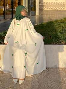 Bow Decor Round Neck Abaya Robe Eid Spring - Green - View 2