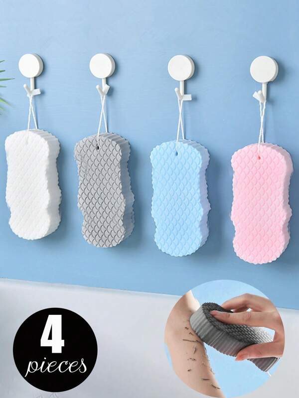 4 pièces/1 pièce Motif d'écailles de poisson 3D épaissi de couleur unie, doux et non pelucheux, ne nuit pas à la peau lors du frottage, éponge haute densité pour la douche et le bain, outil de gommage sans douleur pour la maison, convient pour l'utilisation quotidienne de la douche, décoration de salle de bain, décoration d'automne, rentrée scolaire