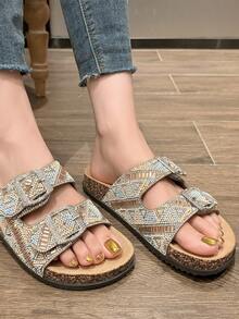 Women's Simple Vintage Double Buckle Flat Sandals Summer Sandals For Women - Gold - View 2